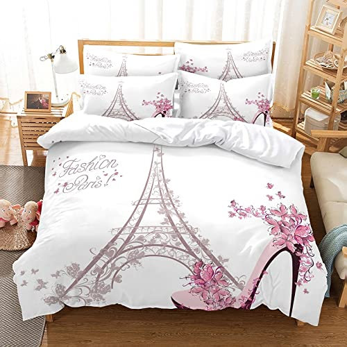 SJSXWQN Housse de Couette 90x190 cm Enfant Tour Eiffel Rose Parure de Lit 1 Personne avec Fermeture Éclair Doux Confortable Respirant Microfibre Housse de Couette et 2 Taie d'oreiller 65x65 cm