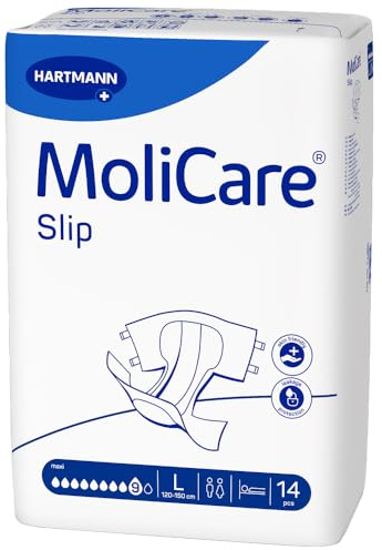 MoliCare Slip Maxi 9 Drops Waterproof Adult Nappy, Size L | Plastic backing, severe incontinence, pack of 14, waist/hip measurement 47-59 inches (120-150cm)