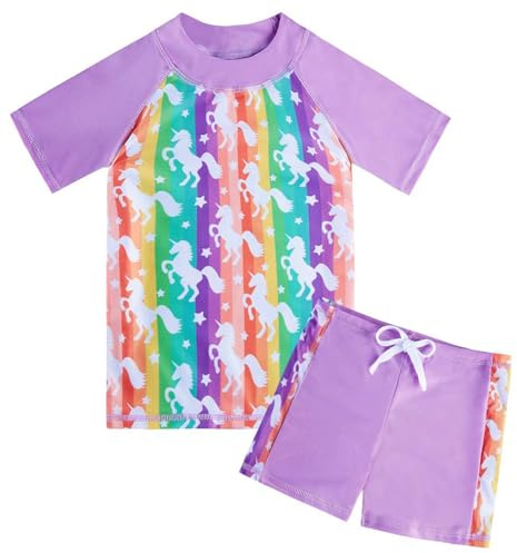 Fanient Girls Two Pieces Swimming Costume Colorful Unicorn Swimsuit Kids Short Sleeve UPF 50+ Protection Bathing Suit Swim Set for 5-6 Years