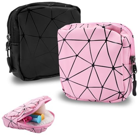 2 Stück Damenbinden Aufbewahrung Tampon Aufbewahrung mit ReißVerschluss Klein Wasserdicht Perioden Tasche Schule Mädchen Mini Periodentasche, Menstruationstasche für Damen Slipeinlagen (Schwarz Rosa)