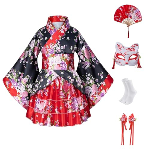 CRFASIBE 5 st japanska kimono-kostymset för flickor, traditionell Yukata-inspirerad klänning med mask, fläkt, strumpor och hårklämmor, perfekt för kulturella evenemang, anime-Con (140 cm)