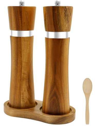 Harupink Molinillo de sal y pimienta, 2 piezas de molinillo de especias, molinillo de sal de madera ajustable, molinillo manual con base de molinillo y cuchara, molinillo de pimienta para especias