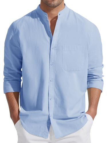 Friptspyg Camisas de Lino y Algodón para Hombre, Camisa de Lino de Manga Larga, Camisa de Verano, Cuello Alto, Camisas Informales, Camisas de Playa con Bolsillo
