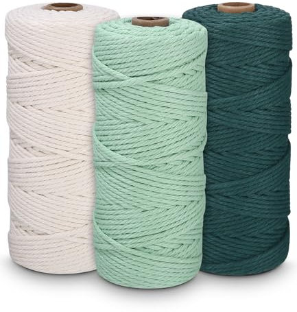 3 Stück Makramee Garn, 3mm x 100m Baumwollgarn, Baumwollkordel Natur, Baumwoll Bastelschnur, für DIY Handwerk, Flechtkunst, Hängepflanzen, Makramee Garn Set (dunkelgrün, hellgrün, weiß)