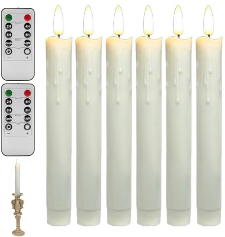 Huybaa Set di 6 Candele LED a batteria, candele tremolanti senza fiamma, confezione da 6 candele in plastica senza fiamma (diametro 2,2 cm), due telecomandi, 19 cm,avorio