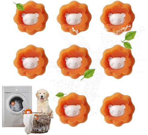 Fleymu Rimozione peli di animali per lavatrici, 8 palline riutilizzabili, raccogli pelucchi efficaci e raccogli capelli contro peli di animali domestici, pratici accessori per lavatrice (arancione)