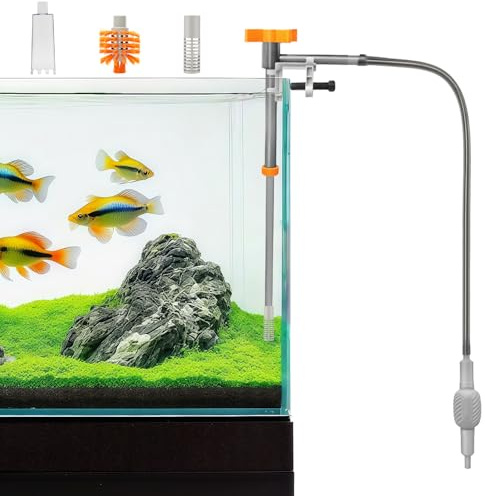 FANGCCC Fish Tank Cleaning Kit – Aquarium Gravel Cleaner with 3 Cleaning Heads, Extendable Tube 34-47cm, 1m Hose & Siphon Pump for Easy Water Change Sand Cleaning & Aquarium Maintenance