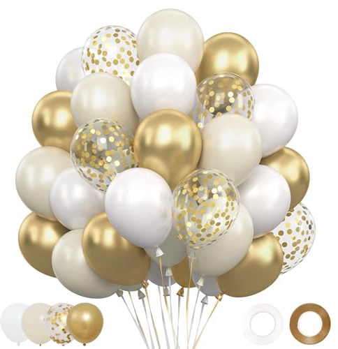 White and Gold Balloons 62pcs, Gold and White Balloons Engagement Wedding | White Gold Beige Cream Balloons with Confetti Balloon for Birthday Engagement Baby Shower Prom Decorations 2026 EID