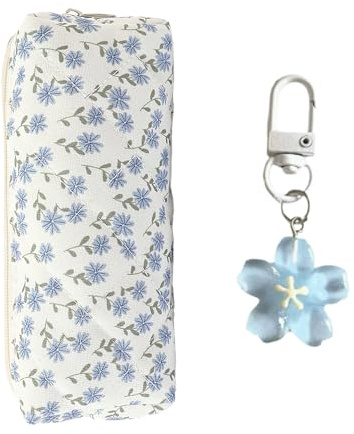 Floral Cotton Pencil Case with Keychain, Small Makeup Bag for Girls | Holds 30 pencils or makeup brushes; 100% cotton pouch with floral keychain; for school, travel, toiletries