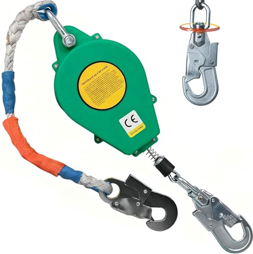 Dispositivo Anticaduta Retrattile Certificato 10/15/20m, Anticaduta a Richiamo Automatico con Gancio Autobloccante, 150KG Imbracatura di Sicurezza Anticaduta per Tetto e Lavoro Aereo (Verde, 10m)