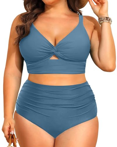 CheChury Dam tvådelad baddräkt plusstorlek V-ringad elegant bikini set push up-set hög midja bikini vadderade avtagbara 2-delade tröjor