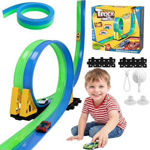 Flexibel bilbana barn 4,5 m, dubbel körsträcka, bärbar racerbana med 4 bilar, racerbil, racingspel, leksak, inomhus utomhus, presenter till pojkar flickor från 3 år (blå och grön)
