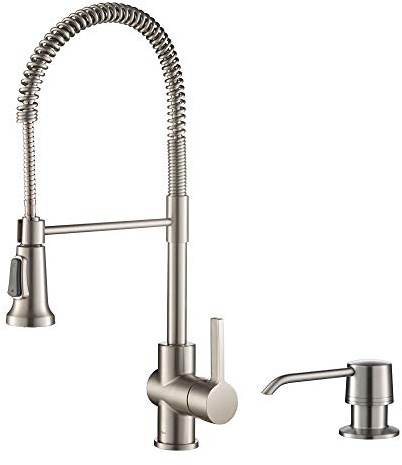 KRAUS Britt Commercial Style Spot Free Stainless Steel Pre-Rinse Kitchen Faucet with Deck Plate and Soap Dispenser, KPF-1690SFS-KSD-31SFS