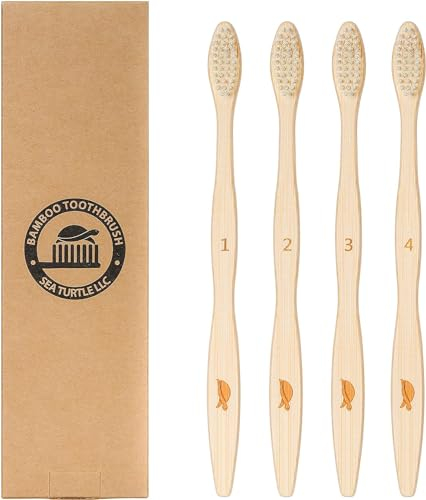 Sea Turtle Bamboo Toothbrushes, Soft Natural Plant-Based Bristles for Adults, 4 Pack