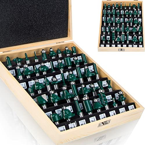 LUBEIN Router Bit Set 1/2 Inch Shank 43 Router Bits Lock Miter Tongue Groove Set, Wood Milling Cutter Drilling Carbide Tool for Door Table Cabinet Shelve Wall DIY Woodwork(1/2+45 D)