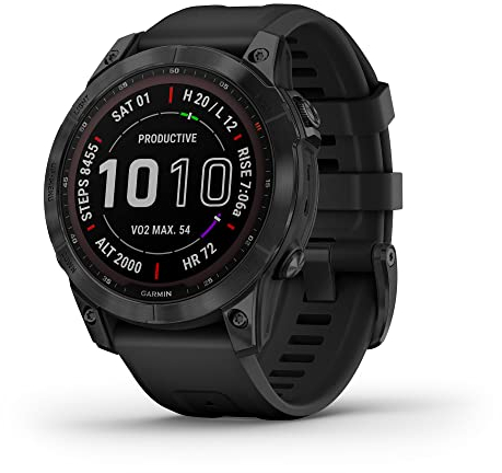 Garmin fenix 7 Sapphire Solar, smartwatch avventura, con capacità di ricarica solare, robusto orologio da esterno con GPS, touchscreen, funzioni di salute e benessere, titanio DLC nero con cinturino