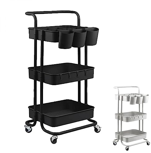 Vivezen - Desserte, Chariot de Rangement à roulettes avec poignée - 3 étagères - 2 Coloris Disponibles