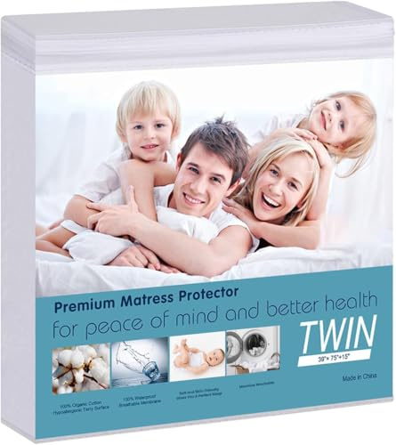 Waterproof Mattress Protector Twin Size, Terry Cotton Fitted Sheet Style with Deep Pocket 18 – Breathable TPU Cooling Cover, 39x75