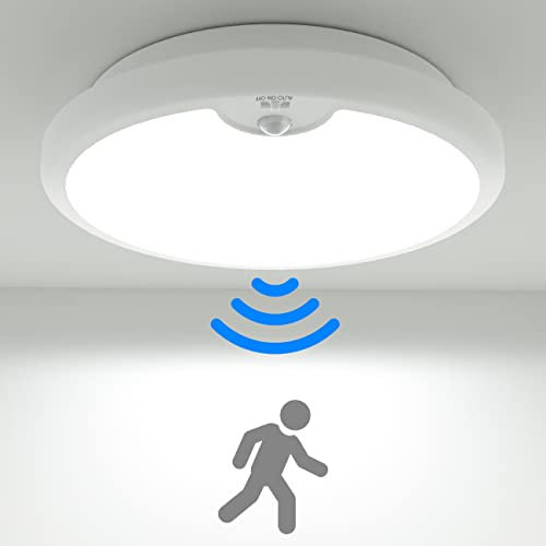 Peasur Motion Sensor LED Ceiling Light Battery Operated, 6000K 300LM Battery Wall Lights Indoor, Ø18cm White Bath Ceiling Lights, Wireless Light for Loft,Garage,Shed,Porch,Attic