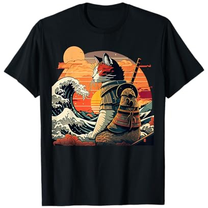 Hokusai Chat samouraï rétro japonais La Grande Vague T-Shirt