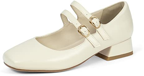 elerhythm - Chaussures Mary Jane à bout carré fermé pour femme avec double bride à la cheville - Plates à talon bas épais, ecru, 40 EU
