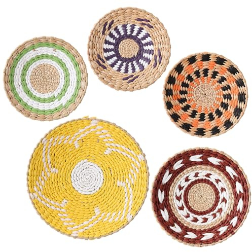 Decoración de Cesta de Pared Bohemia, Juego de 5 Cestas de Ratán para Colgar en la Pared, Decoración de Cesta de Pared Tejida Colgante, Decoración de Pared de Cesta Tejida, Arte Decorativo de(#1)