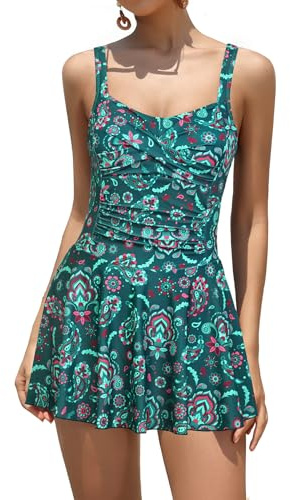 SHEKINI Women One Piece Swim Dress Twist Front Ruched Tummy Control