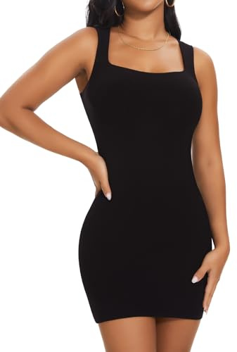 SHAPERIN Shaper Dress Built in Shapewear Sexy Square Neck Sleeveless Bodycon Summer Mini Tank Dress for Women Black S