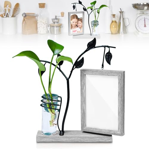 Cadre photo : 28 x 20 cm Cadre photo en bois double verre avec vase et arbre en métal, cadre photo rustique en bois cadeau pour maman, grand-mère, enseignante Noir