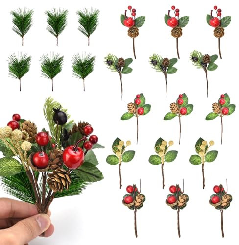BUZIFU Artificial Christmas Picks 21 Pcs Christmas Holly Berry Branches Artificial Pine Cones Berry Stems Decor Bouquets Christmàs Foliage for Xmas Wreath Decorations DIY Xmas Crafts (7 Styles)