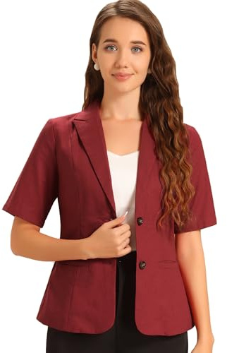 Blazer para mujer de Allegra K, manga corta, con botones en el frente, cuello de solapa, de algodón y lino, chaqueta de trabajo y oficina casual, rojo oscuro, M