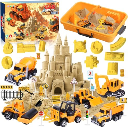 JEDWKFA Sable Magique Cinétique pour Enfants - Chantier Avec Véhicule D'ingénierie, Moule de Château, Bac à Sable - Pour 3 à 6 Ans