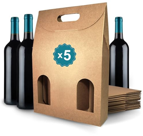 5 Cajas de Cartón Marrón Vacías para 3 Botellas de Vino 27x9x40 cm | AUTOMONTABLES | Embalaje para Botellas de Vino | Regalos: Navidad, Pascua, Cumpleaños | Bodegas