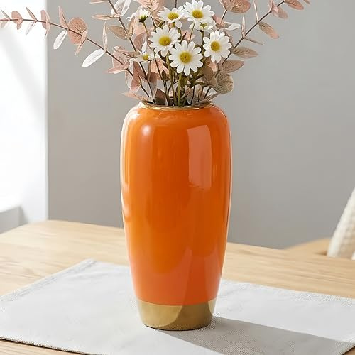 Jarrón vintage alto de cerámica naranja, jarrón grande de 11.8 pulgadas, jarrón decorativo rústico, jarrón de terracota para sala de estar, entrada, centro de mesa, cocina, dormitorio, boda,