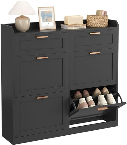 Meuble Chaussure Entrée, Porte Chaussures avec 4 Tiroirs Rabattables et Cloisons Réglables, 2 Tiroirs, Pour 16-24 Paires, Armoire à Chaussure pour Entrée, Couloir, Dressing, 24 x 100 x103 cm, Noir
