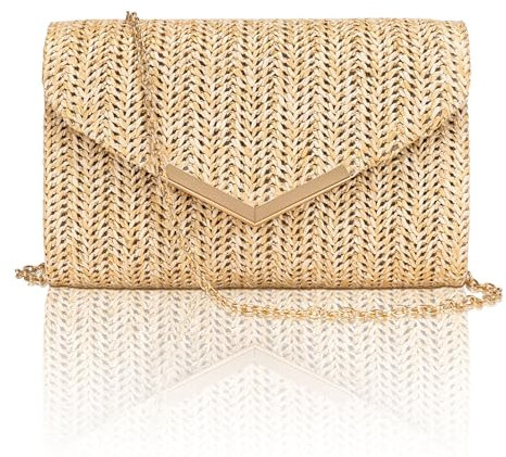 Larcenciel Stroh Clutch, Sommer Strand Damenhandtasche mit Abnehmbarer Kette, Elegante Umschlag Abendtasche, Boho Geflochtene Tasche, Lässige Gewebte Umhängetasche für Hochzeit Party Urlaub 20x13x6CM