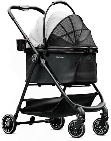 Pawccoli Pet Stroller for Small Dogs and Cats, One-Click Foldable Dog Stroller with Detachable Carrier & 3 Safety Tethers, Holds up to 33 lbs, Storage Basket & Cup Holder, Breathable Mesh, Black
