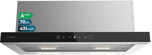 Cecotec Hotte Aspirante 70cm Télescopique Bolero Flux TLT 704400 Glass Black A+++. Aspiration 431,2m³/h, Basse Consommation, Moteur DC, Contrôle de Mouvement et Tactile, Verre Frontal Noir, Corps Inox