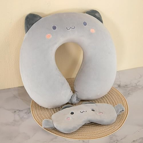 KBIBCK Cartoon a forma di U, cuscino da viaggio per aereo con maschera per gli occhi, cuscino cervicale aereo per bambini e adulti, collo a U cuscino per auto treno ufficio casa (Grigio)