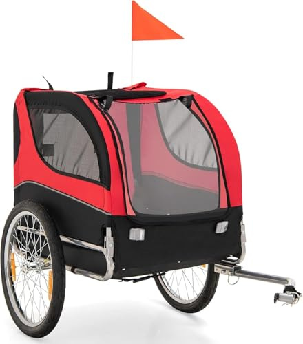 GOPLUS Remolque de Bicicleta para Perro, Carrito de Transporte con Bandera, 8 Reflectores de Ruedas de liberación rápida, ideal para perros y animales de tamaño mediano, carga 40 kg, rojo (Rojo)