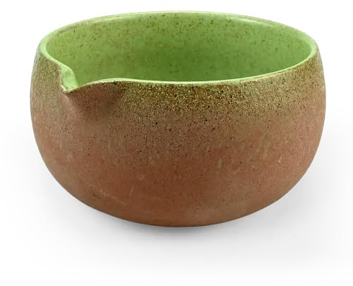 Matcha Schale aus Keramik mit Ausgießer, Japanische Matcha-Tee-Rührschüssel Matte Körnige Raukeramik, Teeschale für Teezeremonien und Matcha-Zubereitung für Büro, Teestube, Warmes Braun/Moosgrün
