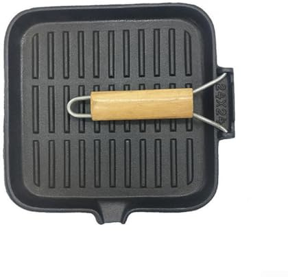 Sartén cuadrada de hierro fundido con mango plegable, patrón de rayas para asar filetes, sartén pre-sazonada para cocina, fácil de usar (24 cm)