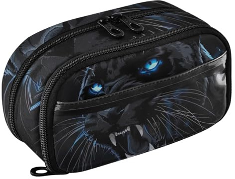 RPLIFE Black Angry Panther Trousse à crayons pour enfants avec poche en PVC transparent Grande capacité Double fermeture éclair pour fournitures scolaires