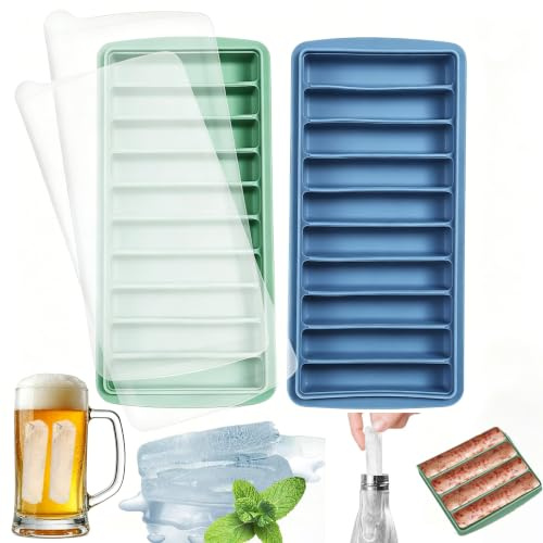 2 Pack Long Ice Cube Trays with Lids – 10 Cavities Silicone Ice Stick Moulds for Sports Bottles, Whiskey, Iced Coffee, Freezer Friendly (Blue & Green)
