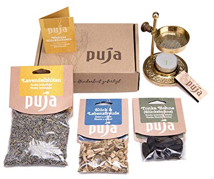 Puja Räucher-Geschenk-Set 6-teilig 'Glücklichsein' (3X Räucherwerk, 1x Teelichtstövchen mit Teelicht, 1x Räucheranleitung, 1x Geschenkkarte, 1x Geschenkbox 17x12x5cm) mit Tonka-Bohne und Lavendel