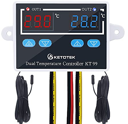 KETOTEK Digital temperaturregulator Termostat 12V med 2 temperatursond Automatisk omkopplare för uppvärmning och kylning LED-display Frys Värmare direkt utgång