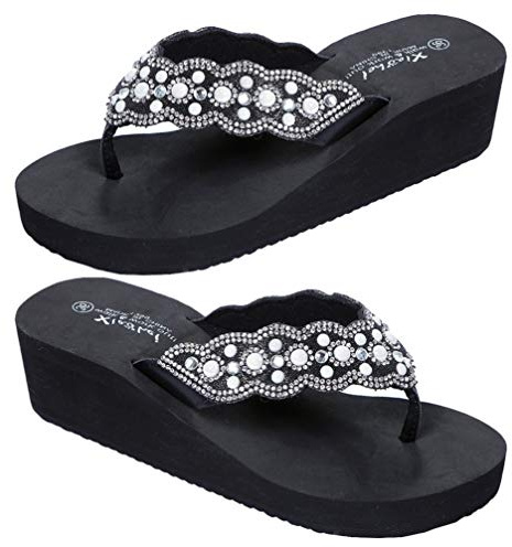 Holibanna Pearl Rhinestone Beach Shoes Wedge Sandles Slippers for Women Arch Support Summer Beach Travel Walking Thong Sandles for Outdoor 38