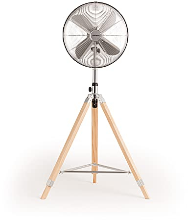 CREATE / AIR TRIPOD RETRO/Ventilador de pie oscilante Cromado con 4 Aspas/Silencioso, 3 Niveles de Ventilación, Regulable y ajustable 126-135cm, 80W / Trípode Plegable de Madera