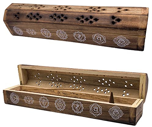 Bruciatore incenso (incensario) scatola di legno decorata a mano in India - Esclusivo disegno di Chakras 30,5 x 6,2 x 5,5 cm - Peso 240 g. Porta incenso legno.