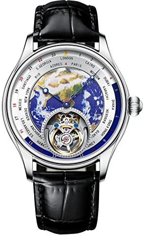 Aesop Tourbillon Uhren Mechanische Uhren für Herren 3D Erde Emaille Zifferblatt Handaufzug Analog Armbanduhren Saphir Wasserdicht Leuchtend Kleid Business Uhr mit Lederband 7051(Silber)